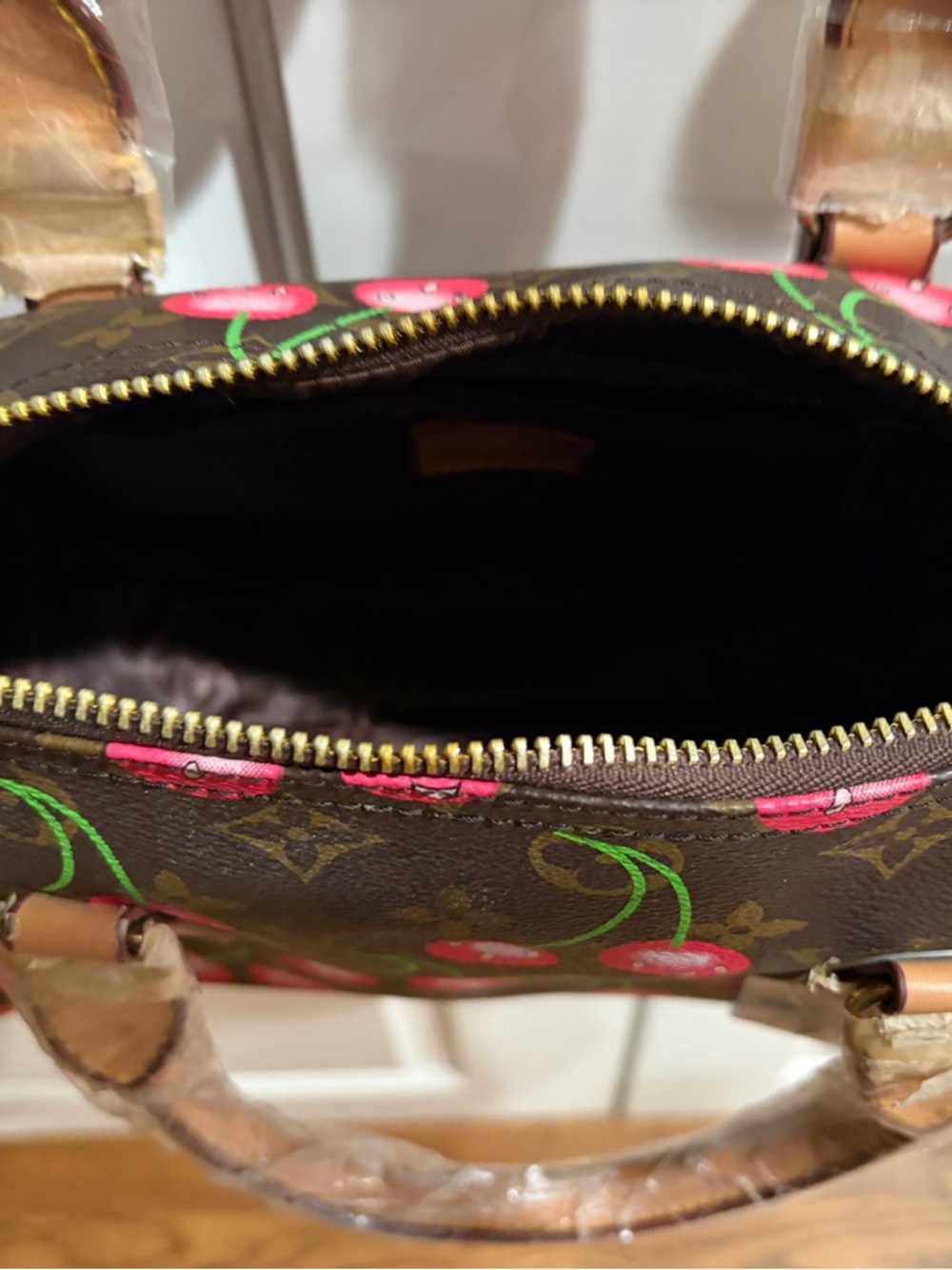 Designer-Style Cherry Print Brown Satchel Bag - Picture 3 of 4